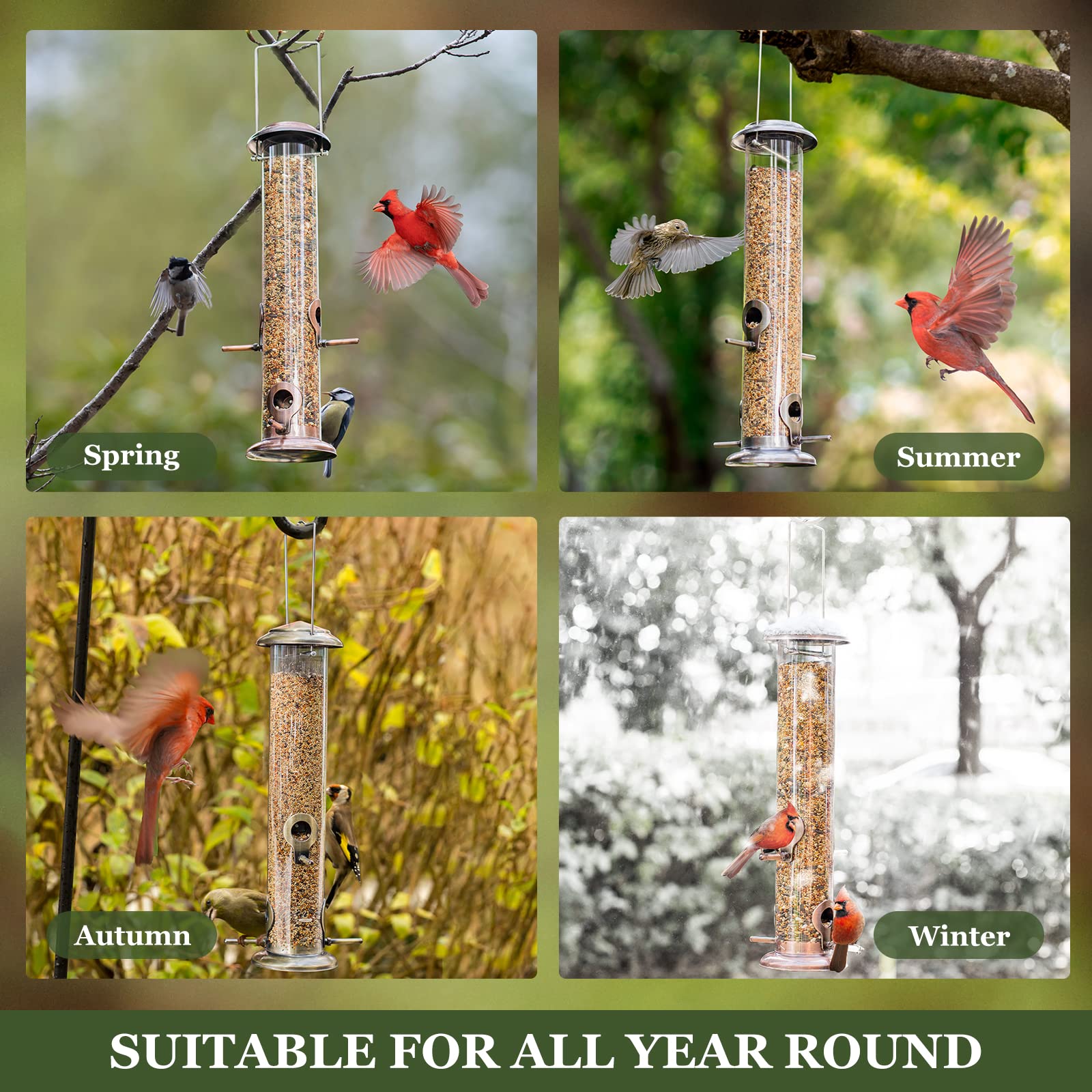 Kingsyard Metal Bird Feeders for Outdoors Hanging, Extra Thick Tube Bird Feeder w/Steel Hanger & 4-Port, 15 inch, Chew-Proof, Weather and Water Resistant, Brushed Bronze