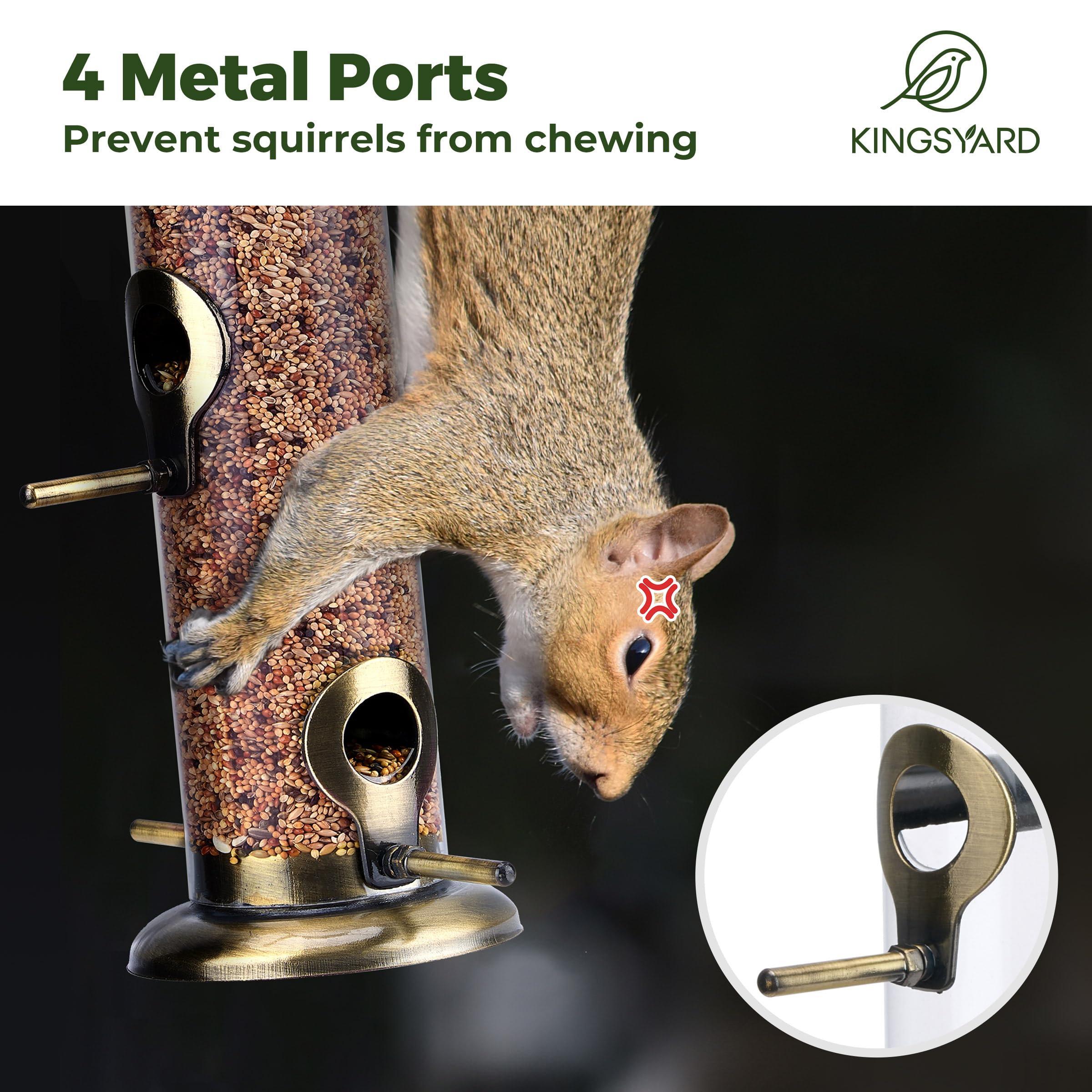 Kingsyard Metal Bird Feeders for Outdoors Hanging, Extra Thick Tube Bird Feeder w/Steel Hanger & 4-Port, 15 inch, Chew-Proof, Weather and Water Resistant, Brushed Bronze