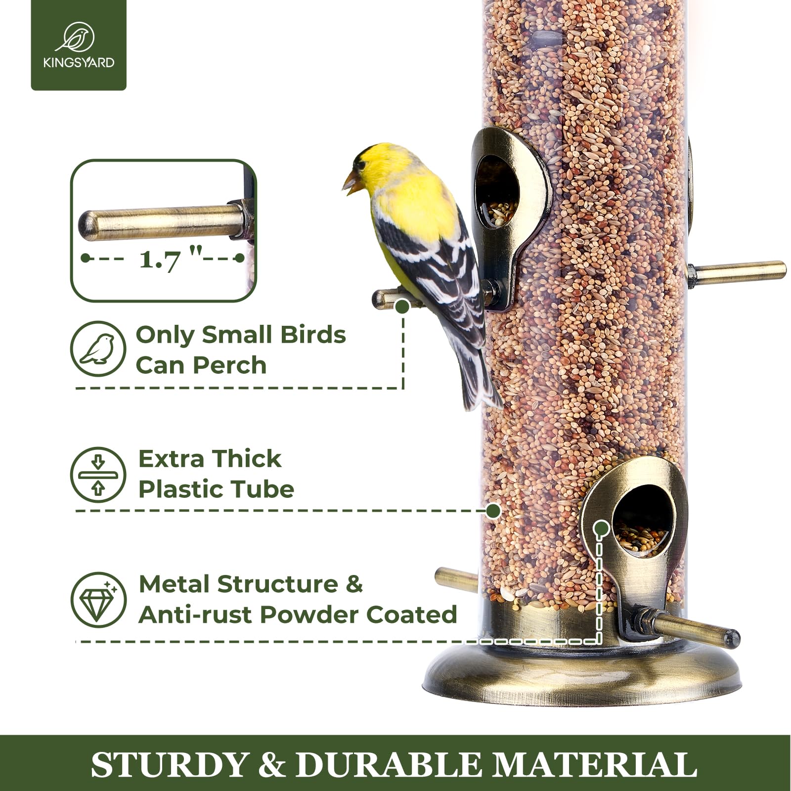 Kingsyard Metal Bird Feeders for Outdoors Hanging, Extra Thick Tube Bird Feeder w/Steel Hanger & 4-Port, 15 inch, Chew-Proof, Weather and Water Resistant, Brushed Bronze