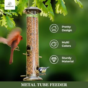 Kingsyard Metal Bird Feeders for Outdoors Hanging, Extra Thick Tube Bird Feeder w/Steel Hanger & 4-Port, 15 inch, Chew-Proof, Weather and Water Resistant, Brushed Bronze