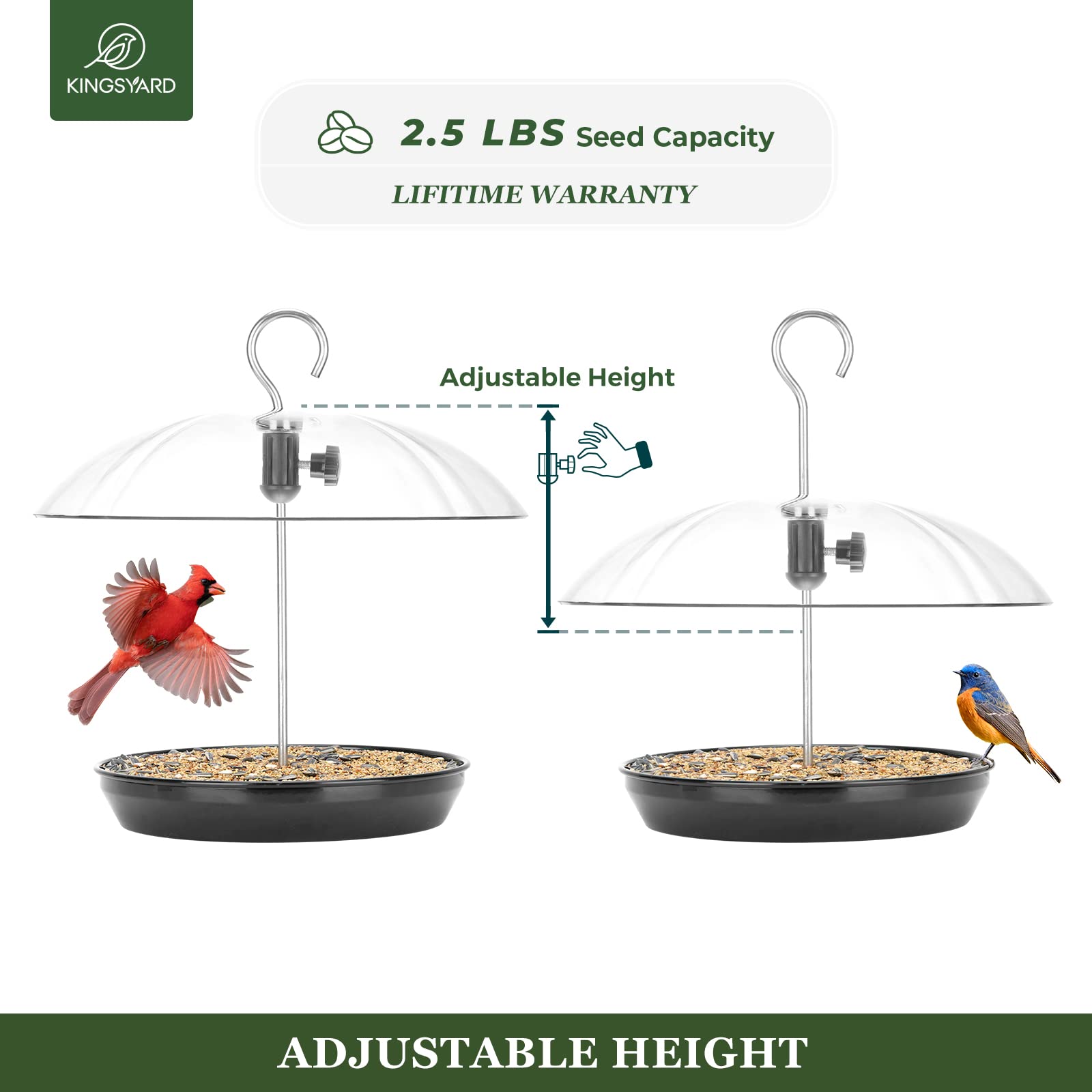 Kingsyard Adjustable Platform Bird Feeder for Outdoors Hanging, Metal Tray Bird Feeder with Dome Top, Attract Bluebirds Cardinals Goldfinches (Black)