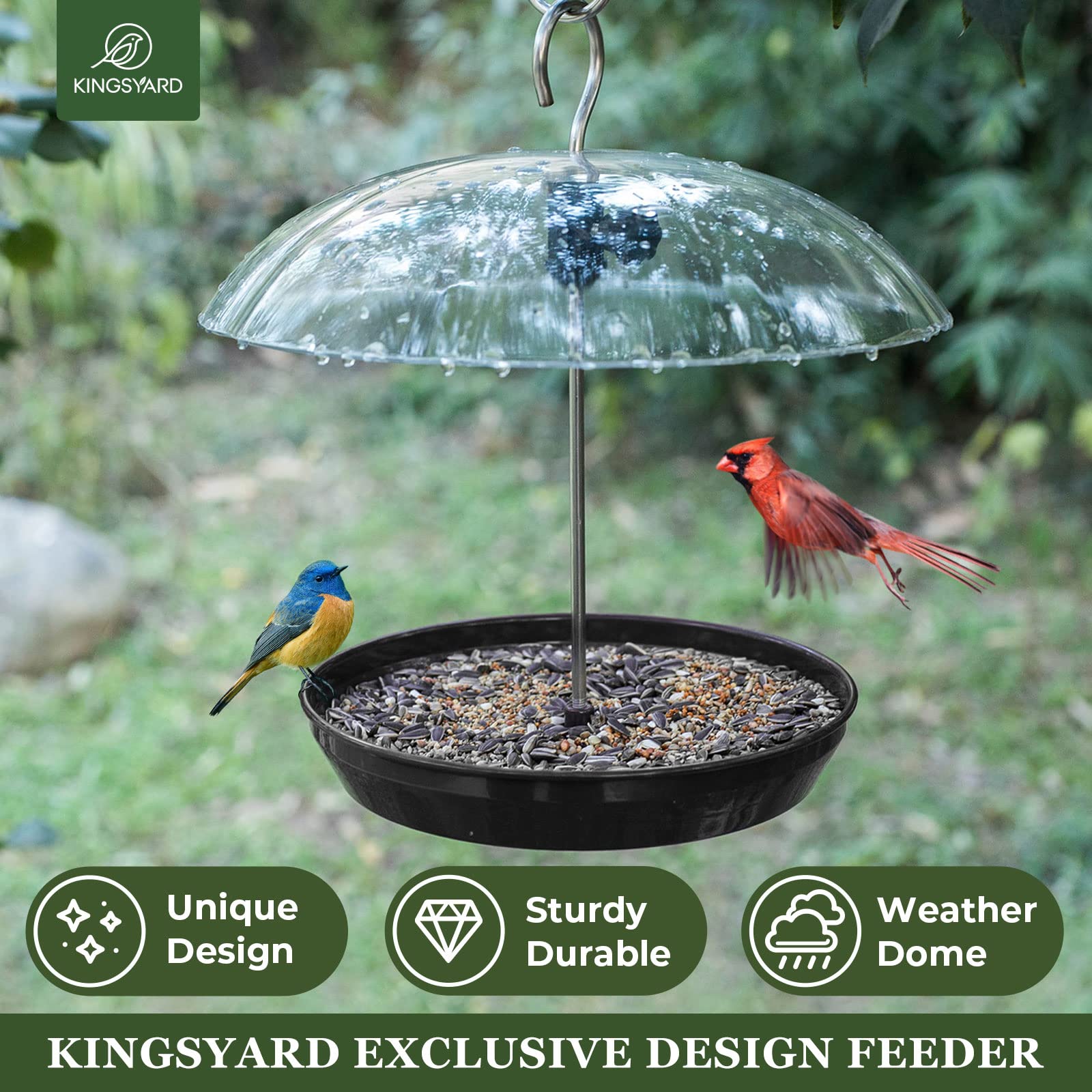 Kingsyard Adjustable Platform Bird Feeder for Outdoors Hanging, Metal Tray Bird Feeder with Dome Top, Attract Bluebirds Cardinals Goldfinches (Black)