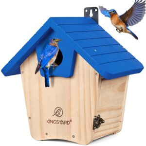 kingsyard wooden bluebird house, bird house with predator guard, nesting box birdhouse for outside wild bird watching, royal blue