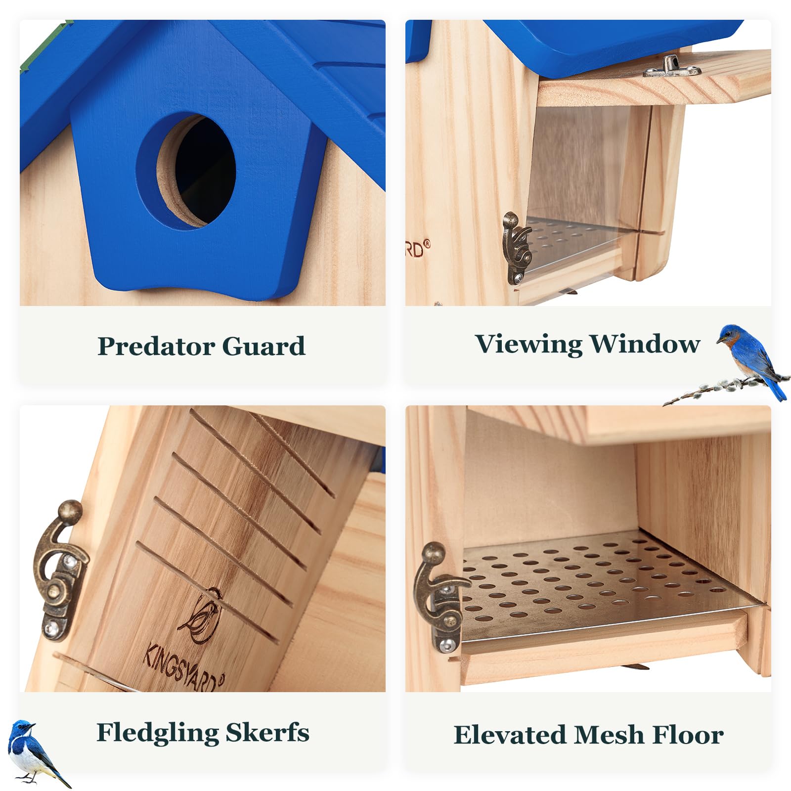 Kingsyard Wooden Bluebird House, Bird House with Predator Guard, Nesting Box Birdhouse for Outside Wild Bird Watching, Royal Blue