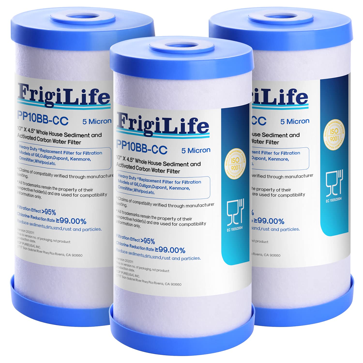 FrigiLife FXHTC 5 Micron 10" x 4.5" Whole House Sediment Activated Carbon Water Filter Replacement for GE FXHTC, GXWH40L, GXWH35F, GNWH38S, RFC-BBSA, W50PEHD, DuPont WFHD13001, 3 PACK