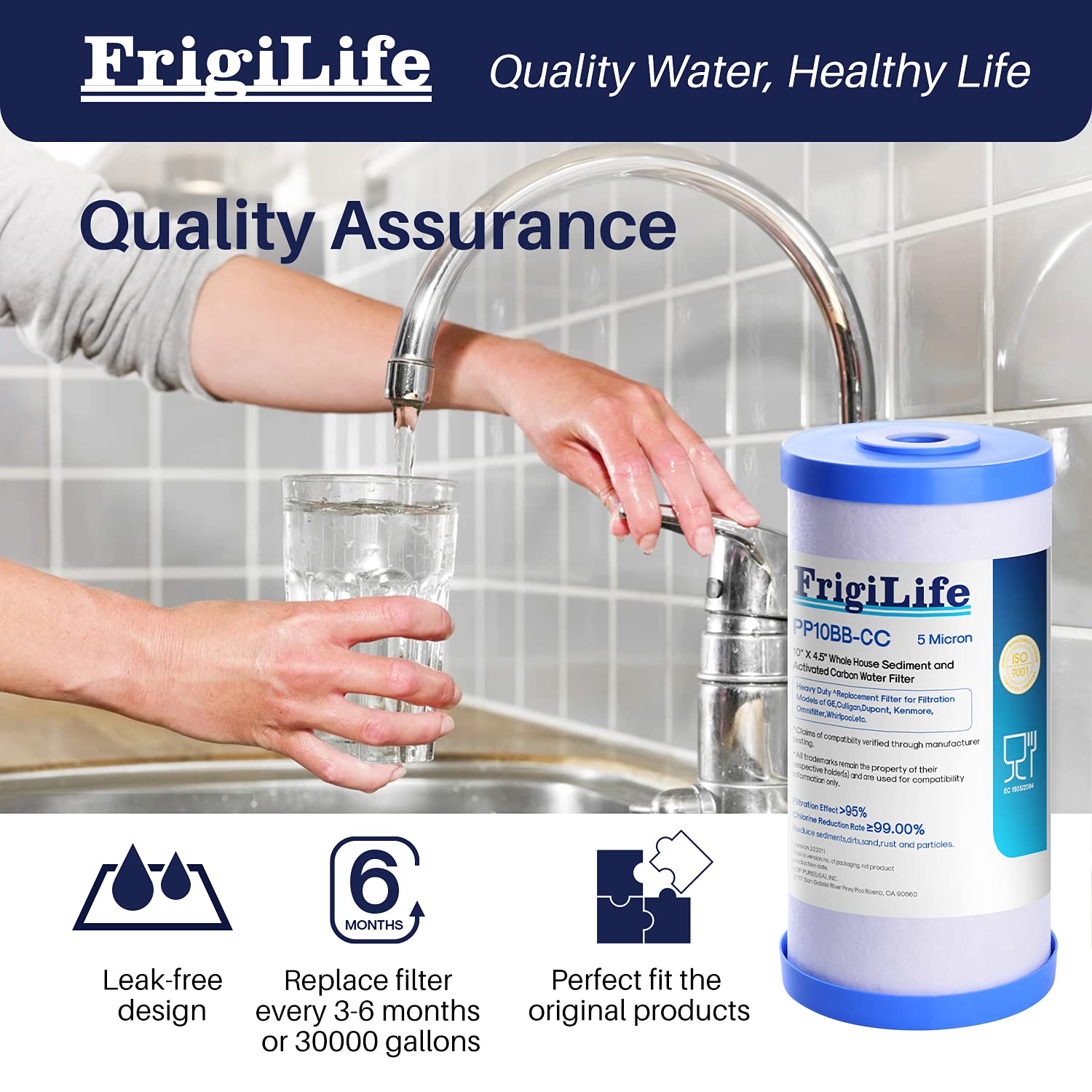 FrigiLife FXHTC 5 Micron 10" x 4.5" Whole House Sediment Activated Carbon Water Filter Replacement for GE FXHTC, GXWH40L, GXWH35F, GNWH38S, RFC-BBSA, W50PEHD, DuPont WFHD13001, 3 PACK