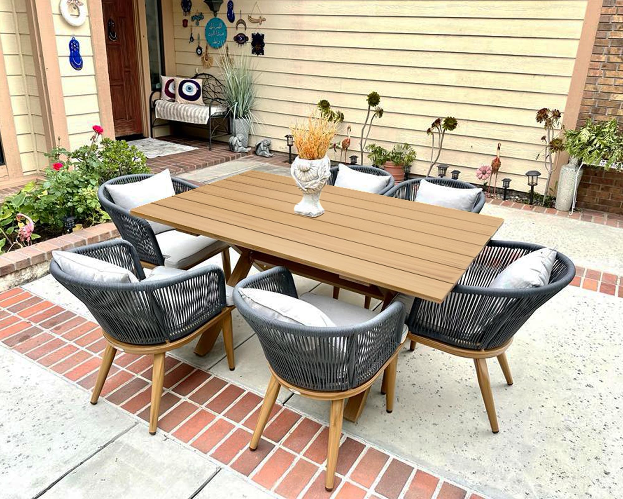 PURPLE LEAF 7 Pieces Patio Dining Set Wicker Outdoor Furniture Rectangular Table and Chairs Set for Garden Deck Teak-Finish Aluminum Frame Backyard Kitchen Set, Cushions and Pillows Included