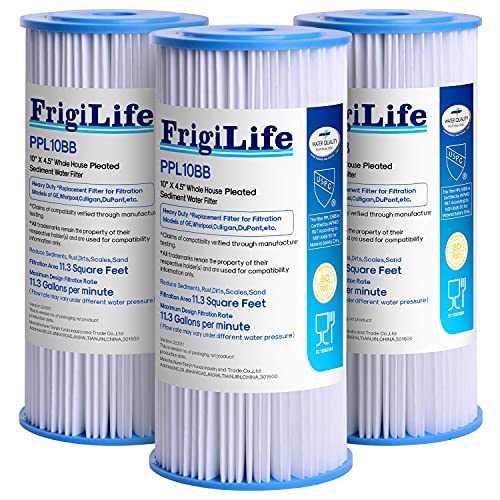 FrigiLife FXHSC 5 Micron 10" x 4.5" Whole House Pleated Sediment Filter for Well Water, Compatible with GE FXHSC, DuPont WFHDC3001, Culligan R50-BBSA, R50-BB, GXWH40L, ECP5-BB, 3PACK