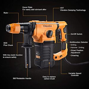 1-1/4 Inch SDS-Plus 12.5 Amp Heavy Duty Rotary Hammer Drill 4 Functions W/Vibration Control Safety Clutch Includes Drill Chuck& Key, Grease, Flat& Point Chisels, 5 Drill Bits, Gloves, Carrying Case