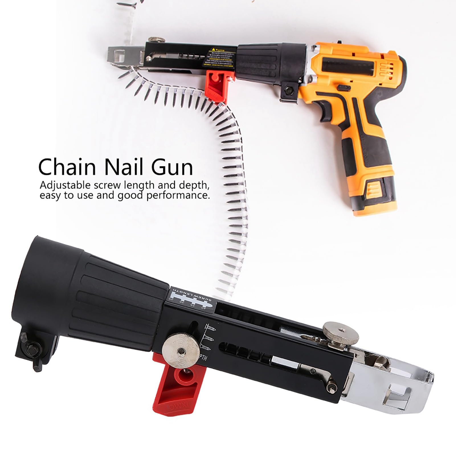 Thincol Screw Drill Chain Adapter for Power Drill Gun, 41mm-46mm Chuck Range Woodwork Rotary Screw Gun Attachment for Drywall Wood Board Ceiling, Nail Gun Collating