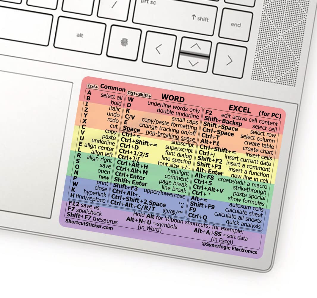 SYNERLOGIC Microsoft Word/Excel (for Windows) Reference Guide Keyboard Shortcut Sticker, Laminated, No-Residue Vinyl (Rainbow/Small)