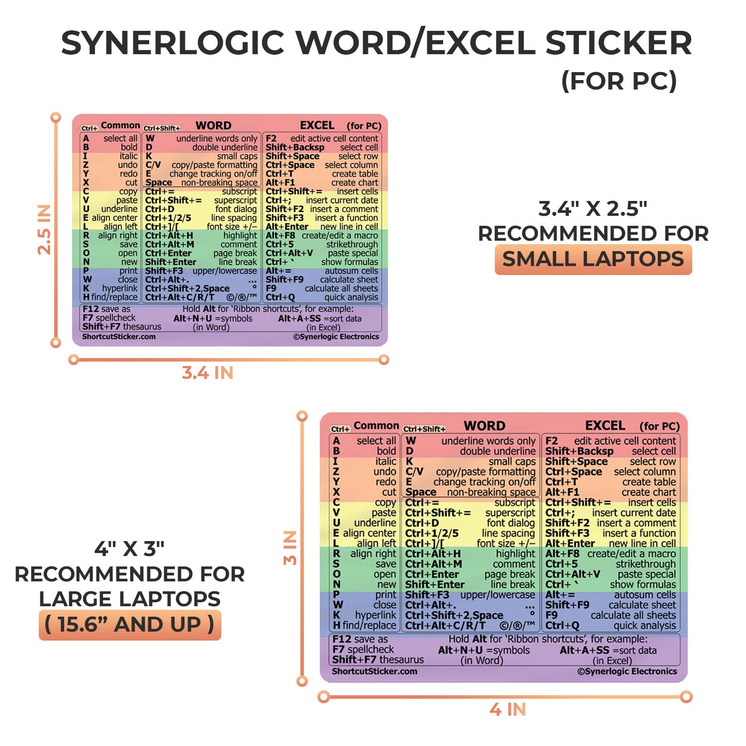 SYNERLOGIC Microsoft Word/Excel (for Windows) Reference Guide Keyboard Shortcut Sticker, Laminated, No-Residue Vinyl (Rainbow/Small)