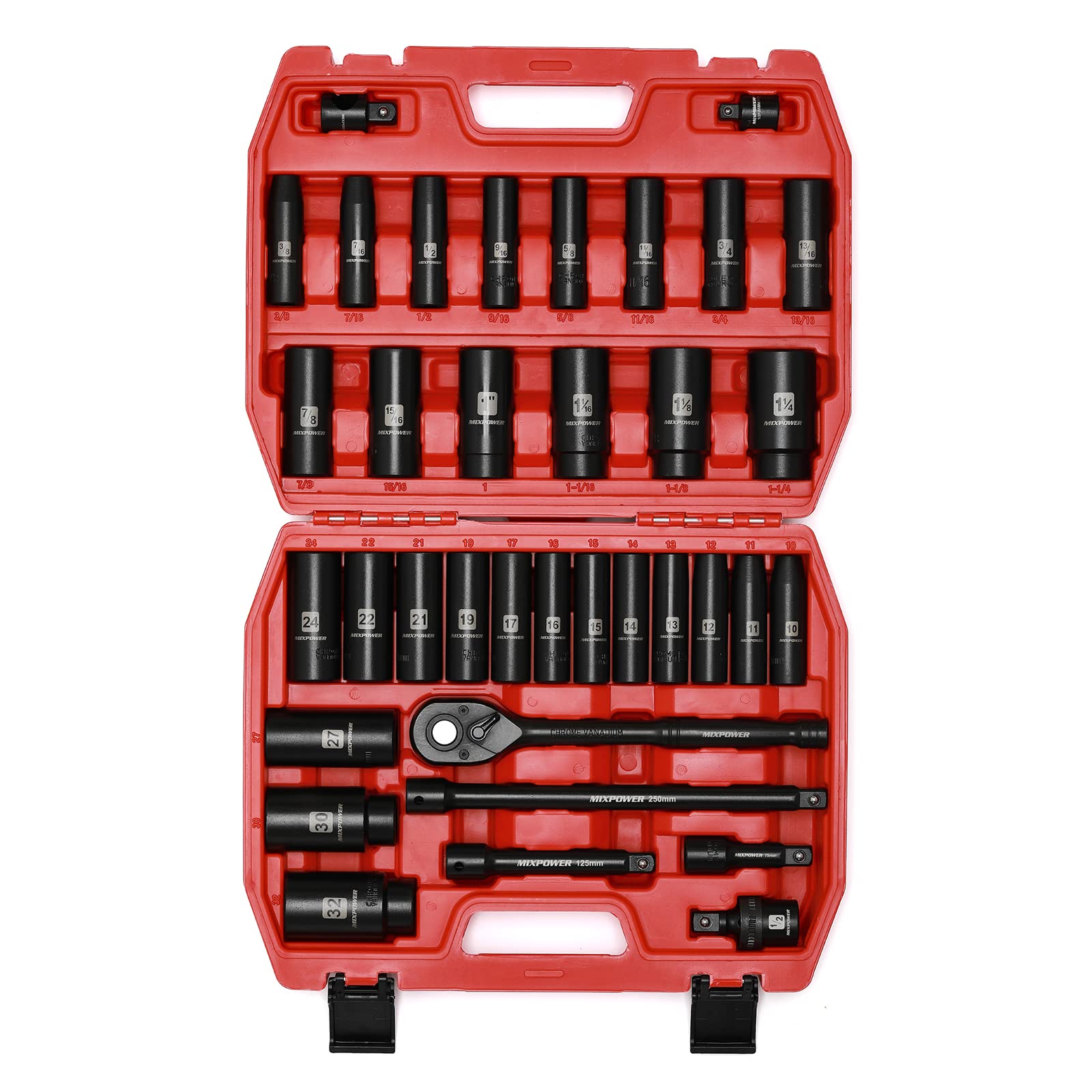 MIXPOWER 36-Piece 1/2-Inch Drive Deep Impact Socket Master Set with 10-inch Quick-release Ratchet Handle & Accessories, 3/8" - 1-1/4", 10-32MM, Deep, SAE&Metric, CR-V Steel