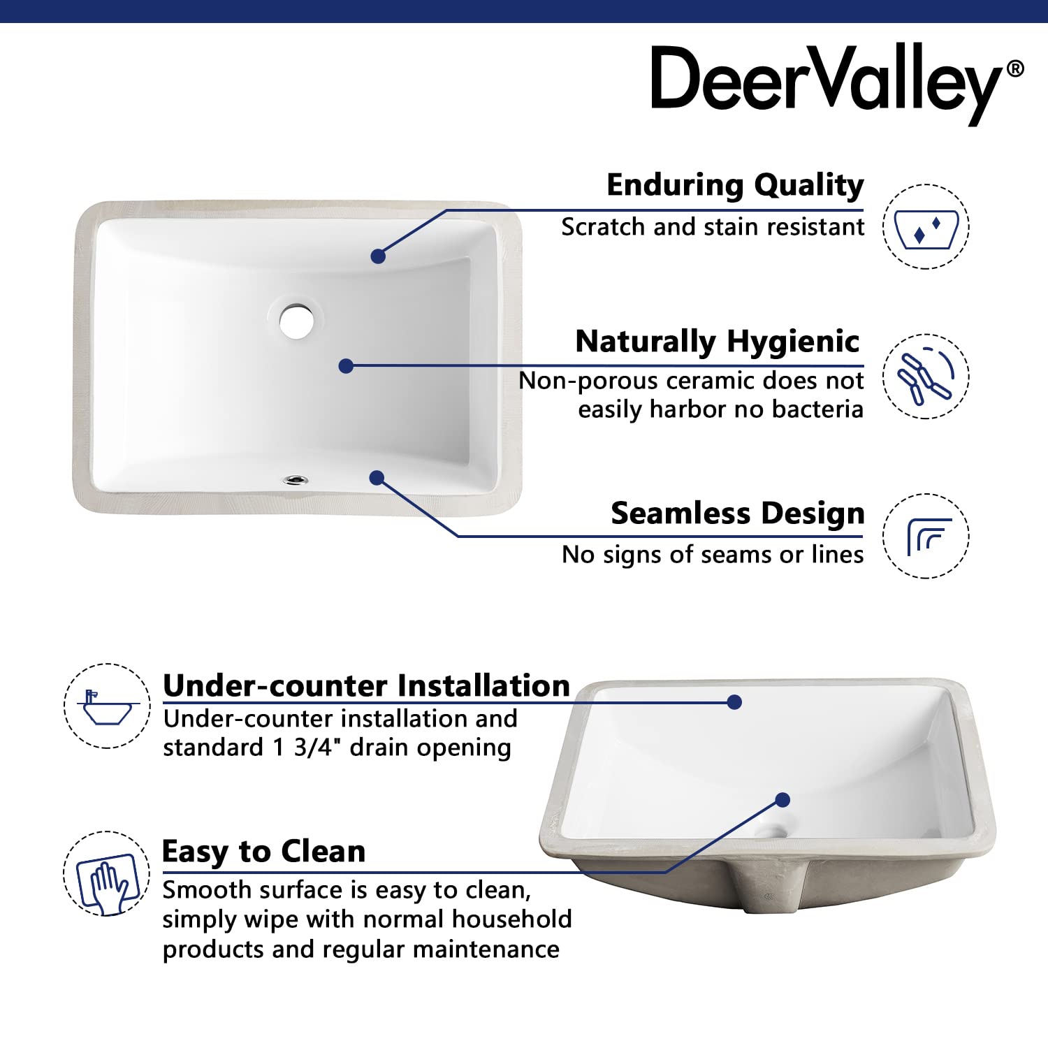 DeerValley DV-1U101 Ally Undermount Bathroom Sink Rectangular, 21'' x 15'' Vessel Sink Rectrangle Undermount Bathroom Sink White Ceramic Lavatory Vanity Vessel Sink with Overflow