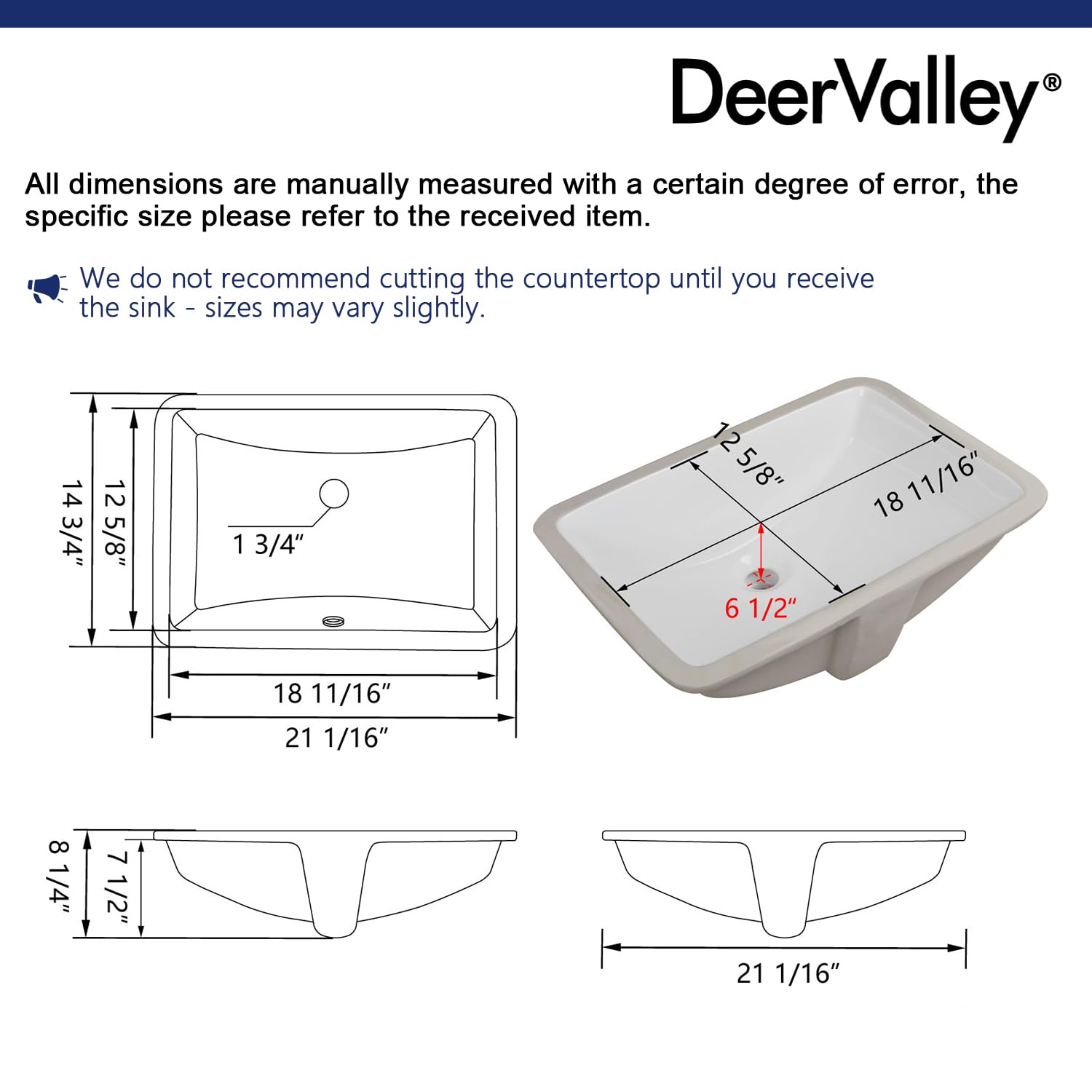 DeerValley DV-1U101 Ally Undermount Bathroom Sink Rectangular, 21'' x 15'' Vessel Sink Rectrangle Undermount Bathroom Sink White Ceramic Lavatory Vanity Vessel Sink with Overflow