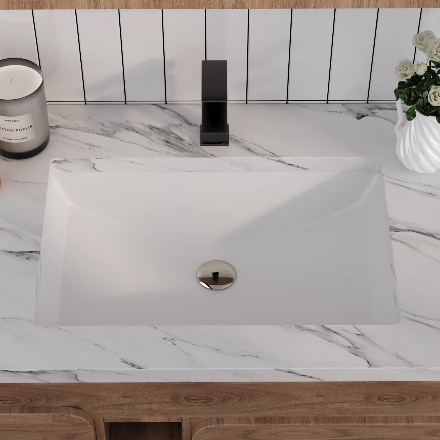 DeerValley DV-1U101 Ally Undermount Bathroom Sink Rectangular, 21'' x 15'' Vessel Sink Rectrangle Undermount Bathroom Sink White Ceramic Lavatory Vanity Vessel Sink with Overflow