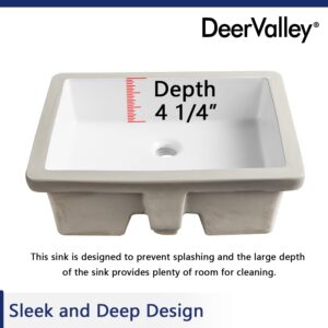 DeerValley DV-1U201 Ursa Rectangular Undermount Bathroom Sink, 20“ Modern Vessel Sink White Undermount Bathroom Sink Rectrangle Porcelain Ceramic Lavatory Vanity Vessel Sink with Overflow