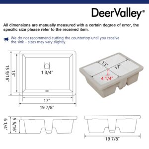 DeerValley DV-1U201 Ursa Rectangular Undermount Bathroom Sink, 20“ Modern Vessel Sink White Undermount Bathroom Sink Rectrangle Porcelain Ceramic Lavatory Vanity Vessel Sink with Overflow