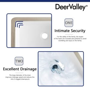 DeerValley DV-1U201 Ursa Rectangular Undermount Bathroom Sink, 20“ Modern Vessel Sink White Undermount Bathroom Sink Rectrangle Porcelain Ceramic Lavatory Vanity Vessel Sink with Overflow