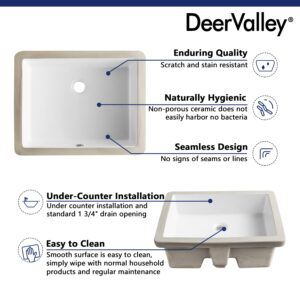 DeerValley DV-1U201 Ursa Rectangular Undermount Bathroom Sink, 20“ Modern Vessel Sink White Undermount Bathroom Sink Rectrangle Porcelain Ceramic Lavatory Vanity Vessel Sink with Overflow