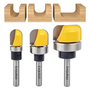 exqutoo 3pcs 1/4" shank carbide round nose groove router bit set template router planing head set with ball bearing engraving router planing head wood cutter woodworking tools carving cutting tool