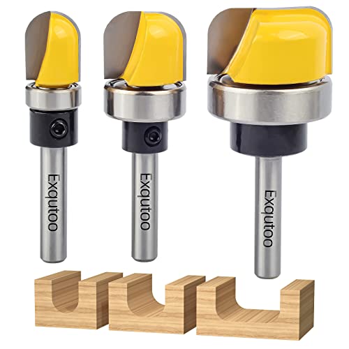 Exqutoo 3Pcs 1/4" Shank Carbide Round Nose Groove Router Bit Set Template Router planing Head Set with Ball Bearing Engraving Router planing Head Wood Cutter Woodworking Tools Carving Cutting Tool