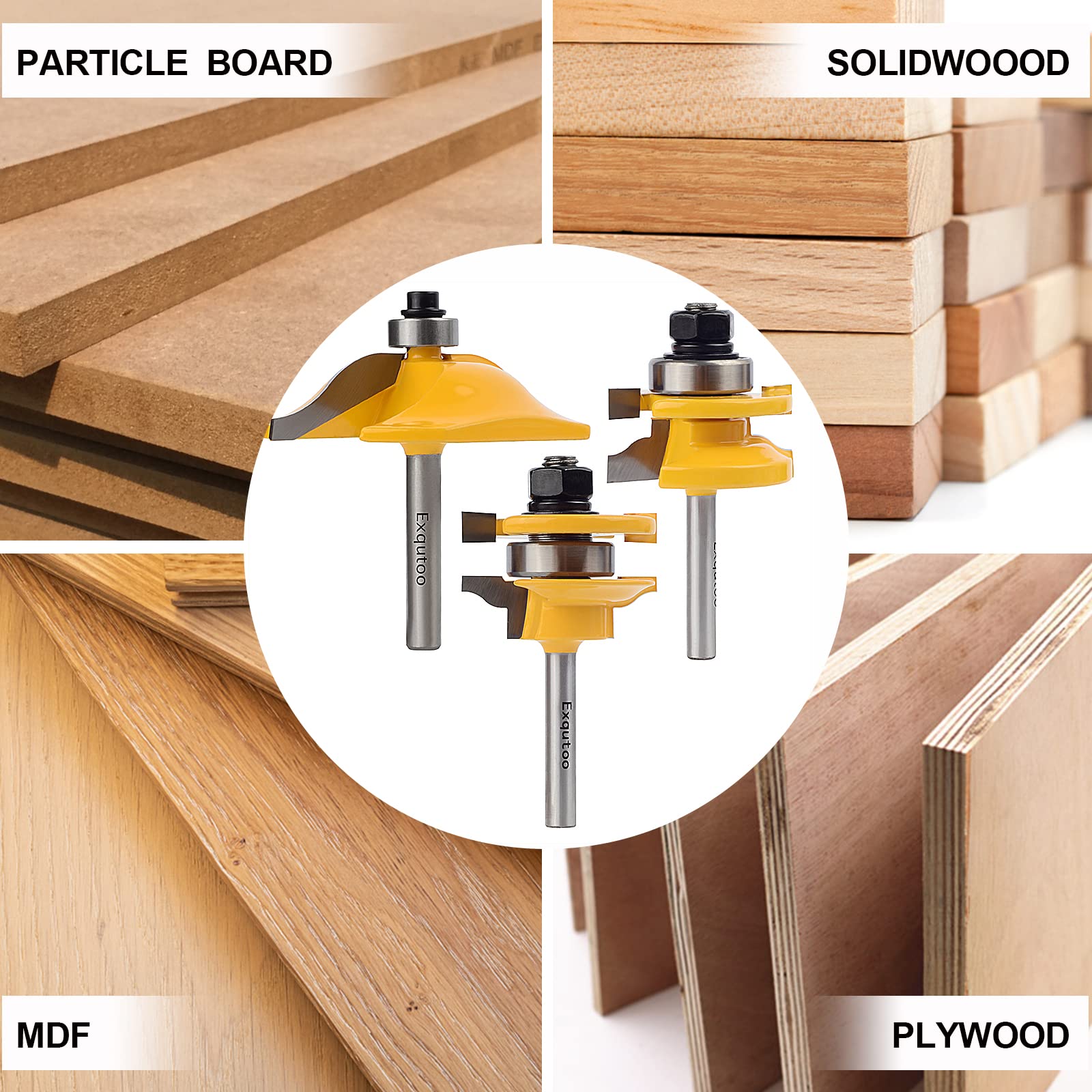 Exqutoo 3PCS 1/4" Shank Router Bit Set, Raised Panel Cabinet Door Making Router Bits, Cemented Carbide Router Bits, Woodworking Tools Router Door & Window Bits (Tenon Joint Cutter Diameter: 1-5/8")