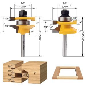 Exqutoo 3PCS 1/4" Shank Router Bit Set, Raised Panel Cabinet Door Making Router Bits, Cemented Carbide Router Bits, Woodworking Tools Router Door & Window Bits (Tenon Joint Cutter Diameter: 1-5/8")