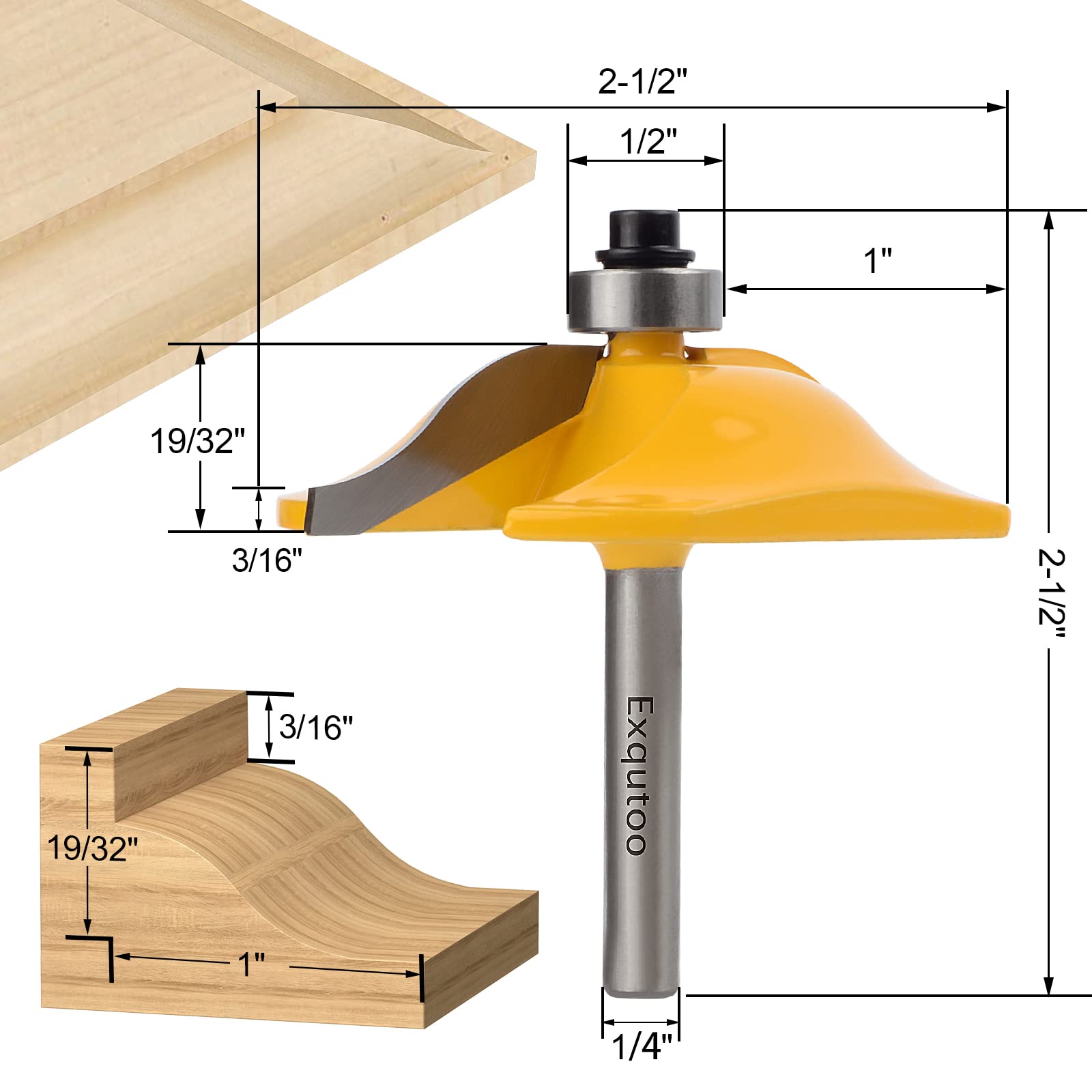 Exqutoo 3PCS 1/4" Shank Router Bit Set, Raised Panel Cabinet Door Making Router Bits, Cemented Carbide Router Bits, Woodworking Tools Router Door & Window Bits (Tenon Joint Cutter Diameter: 1-5/8")