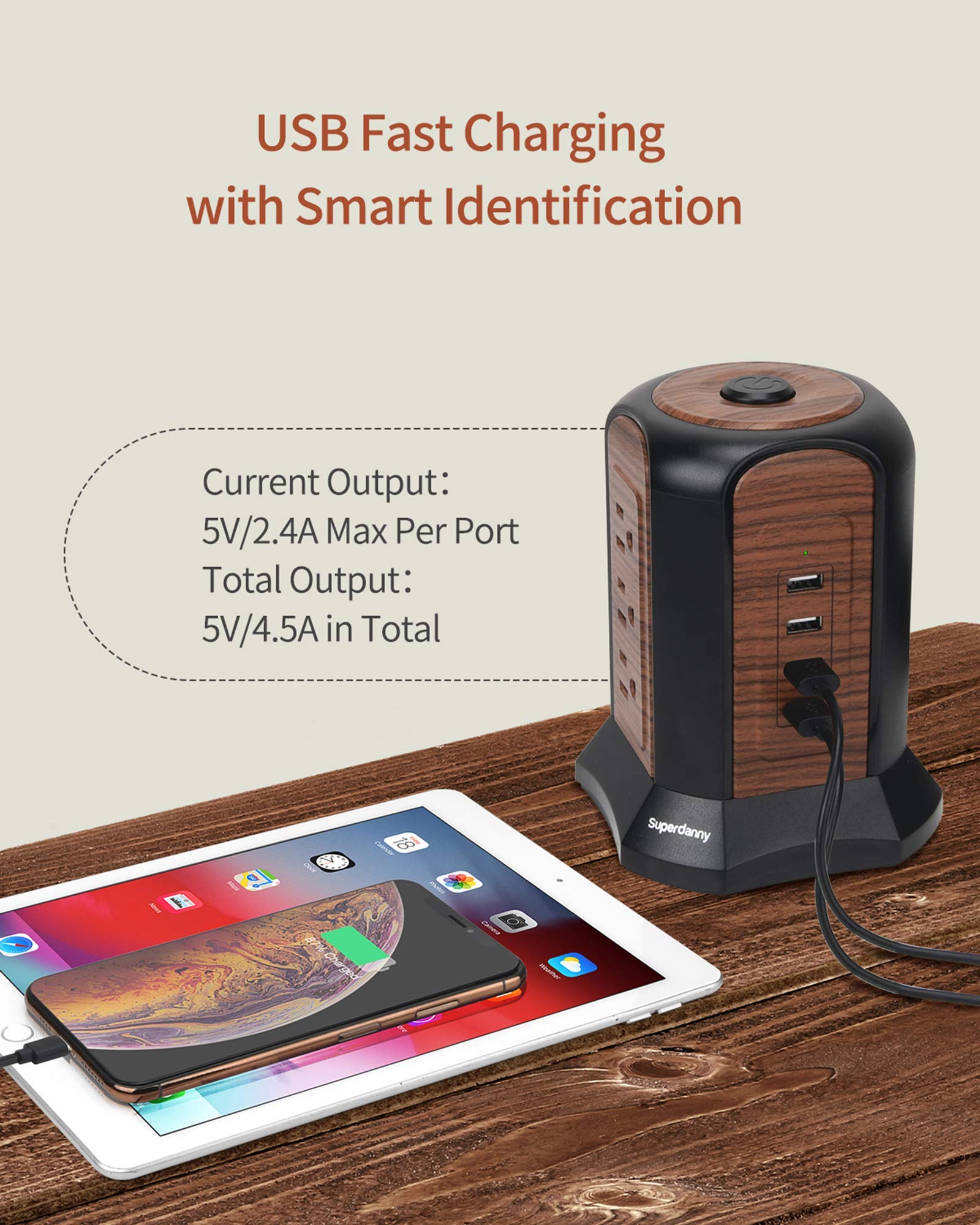 SUPERDANNY USB Surge Protector with 9 AC 4 USB Ports 9.8ft Multiple Electrical Outlet Extender for Home Office Dorm, Black/Wood Grain