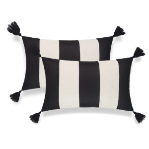 hofdeco modern boho patio indoor outdoor lumbar pillow cover only for backyard, couch, sofa, black stripes, 12"x20", set of 2