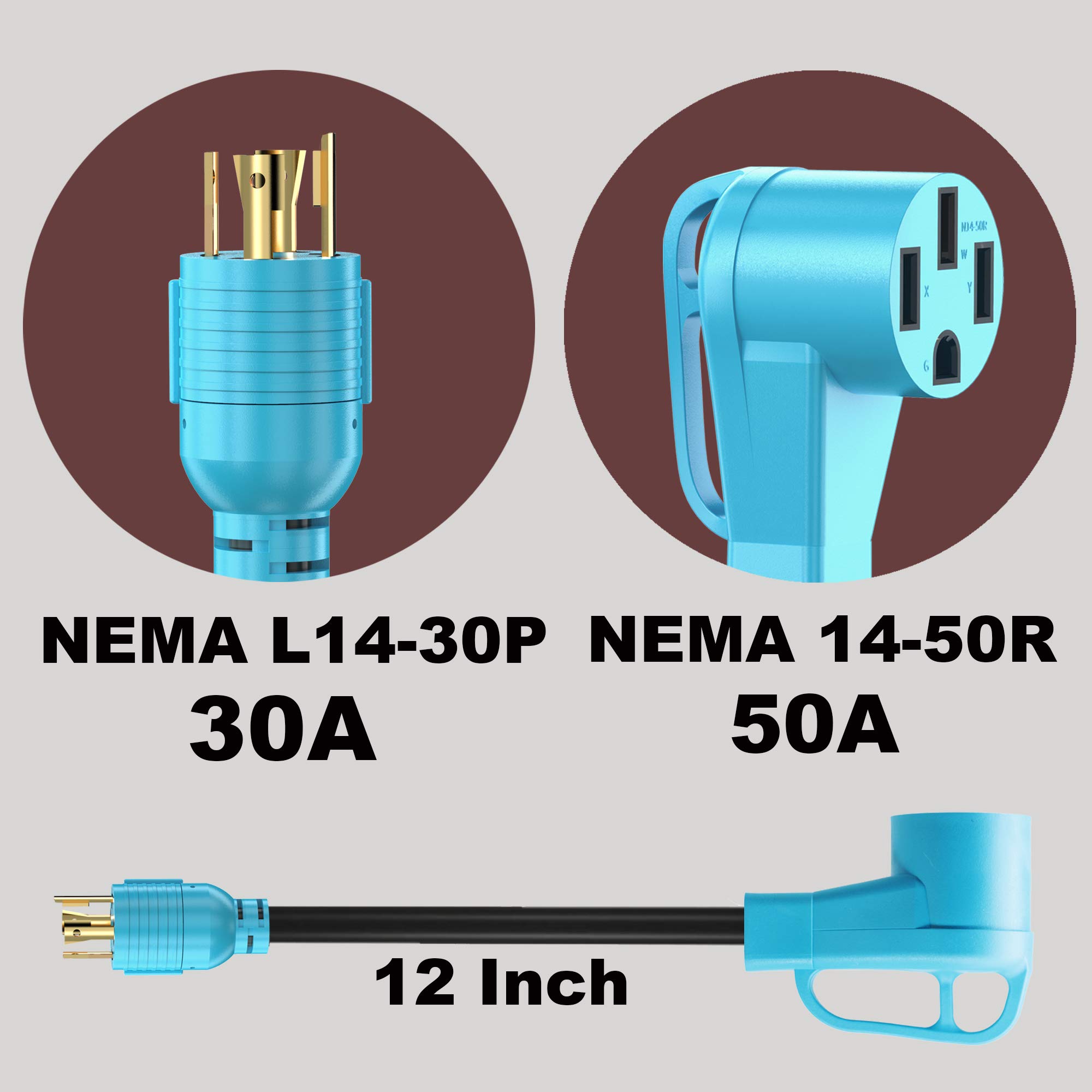 CircleCord 4 Prong 30 Amp to 50 Amp Generator to RV/EV Adapter Cord, NEMA L14-30P to 14-50R, Heavy Duty STW 10 AWG Suit for Tesla Model S/3/X/Y Charging or Generator to House and RV Trailer Camper