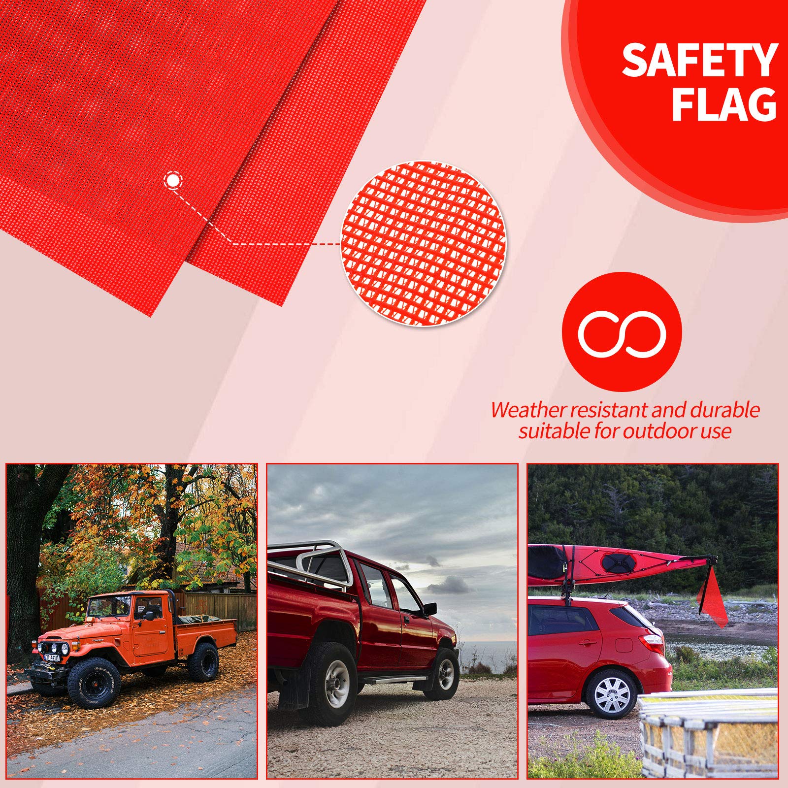 Boao 4 Pieces 18 x 18 Inch Hook Safety Warning Flag Mesh Safety Flag Warning Flag with Vinyl Welt and Bungee Cord for Truck and Pedestrian Crossings, Deep Red