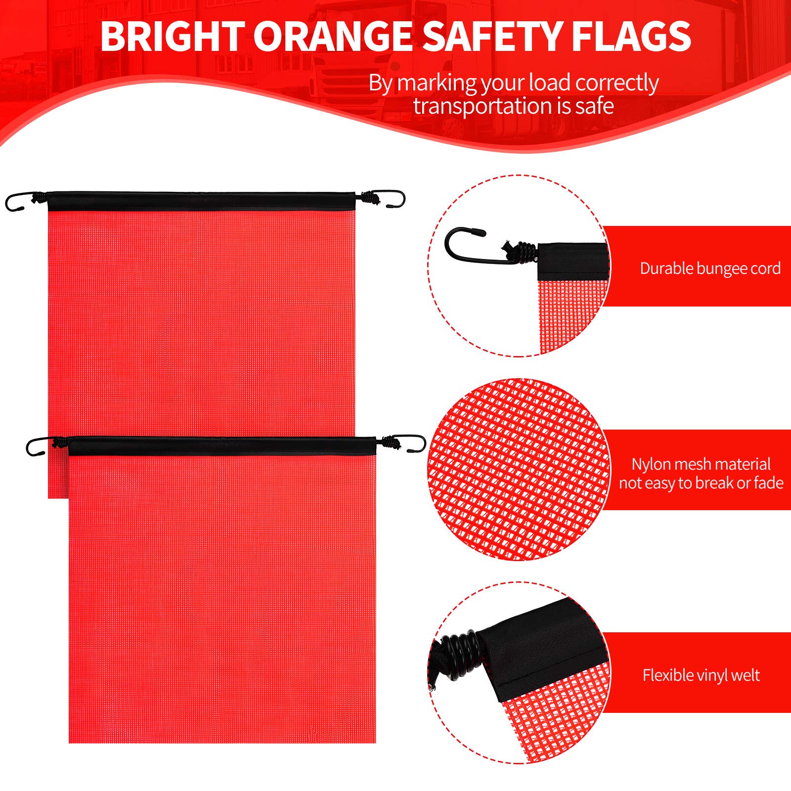 Boao 4 Pieces 18 x 18 Inch Hook Safety Warning Flag Mesh Safety Flag Warning Flag with Vinyl Welt and Bungee Cord for Truck and Pedestrian Crossings, Deep Red
