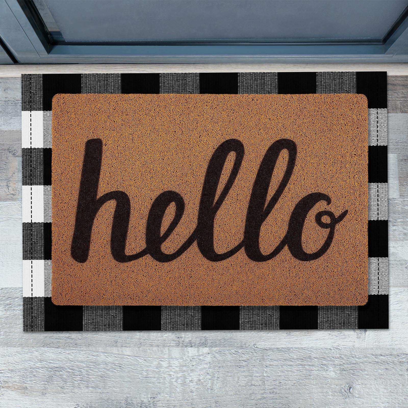 Nuanchu 2 Pieces Welcome Doormat Home Imitation Coir Hello Doormat with Rubber Non Slip Backing Checkered Buffalo Plaid Rug for Layering Decorative Front Door Entrance Mat