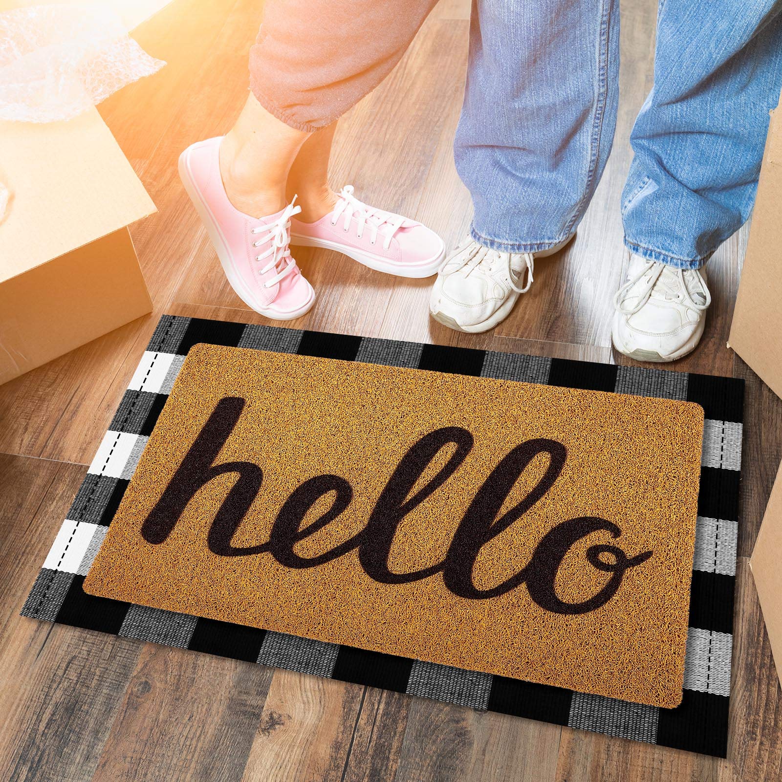 Nuanchu 2 Pieces Welcome Doormat Home Imitation Coir Hello Doormat with Rubber Non Slip Backing Checkered Buffalo Plaid Rug for Layering Decorative Front Door Entrance Mat