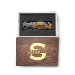 krezy case carbon fiber print design pocket knife, personalized knife with wooden box, folding knife for men, laser engraved pocket knife with stylish wood box