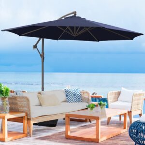 VOUA 10ft Large Outdoor Patio Umbrella with Tilt Adjustment, Navy, Polyester Fabric, Aluminum Pole, 8 Ribs, UV Protection, Crank & Cross Base