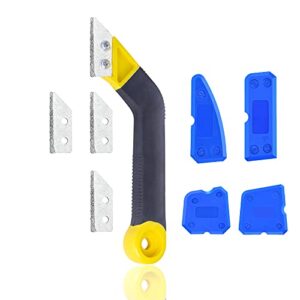 running man grout remover tool, sturdy angled grout scraping rake tool with 3 pieces extra blades replacement for tile cleaning, 4 pieces silicone sealant tool