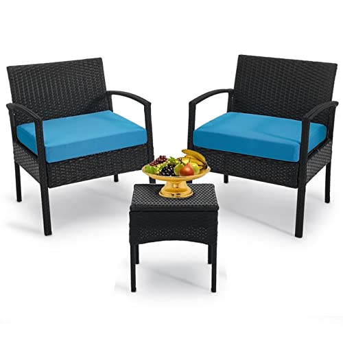 HOMEZILLIONS Outdoor Furniture 3 Piece Patio Set Balcony Furniture Outdoor Bistro Set Wicker Chair for Balcony Backyard Porch with Table and Cushions Blue