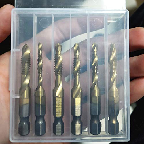 JIEZEE Pack Titanium Combination Drill Tap Bit Set Screw Tapping SAE 6 32NC 8 32NC 10 24NC 10 32NC 12 24NC 1/4 20NC Gold 6PCS