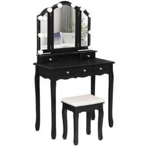 Tiptiper Makeup Vanity with Lights, Vanity Desk with 10 Light Bulbs & 3 Color Lighting Modes, Vanity Table with 5 Drawers and Cushioned Stool, Makeup Table with Tri-Fold Mirror for Women Girls, Black