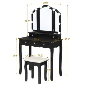 Tiptiper Makeup Vanity with Lights, Vanity Desk with 10 Light Bulbs & 3 Color Lighting Modes, Vanity Table with 5 Drawers and Cushioned Stool, Makeup Table with Tri-Fold Mirror for Women Girls, Black