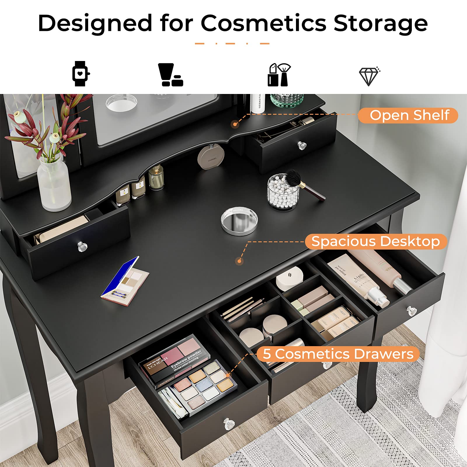 Tiptiper Makeup Vanity with Lights, Vanity Desk with 10 Light Bulbs & 3 Color Lighting Modes, Vanity Table with 5 Drawers and Cushioned Stool, Makeup Table with Tri-Fold Mirror for Women Girls, Black