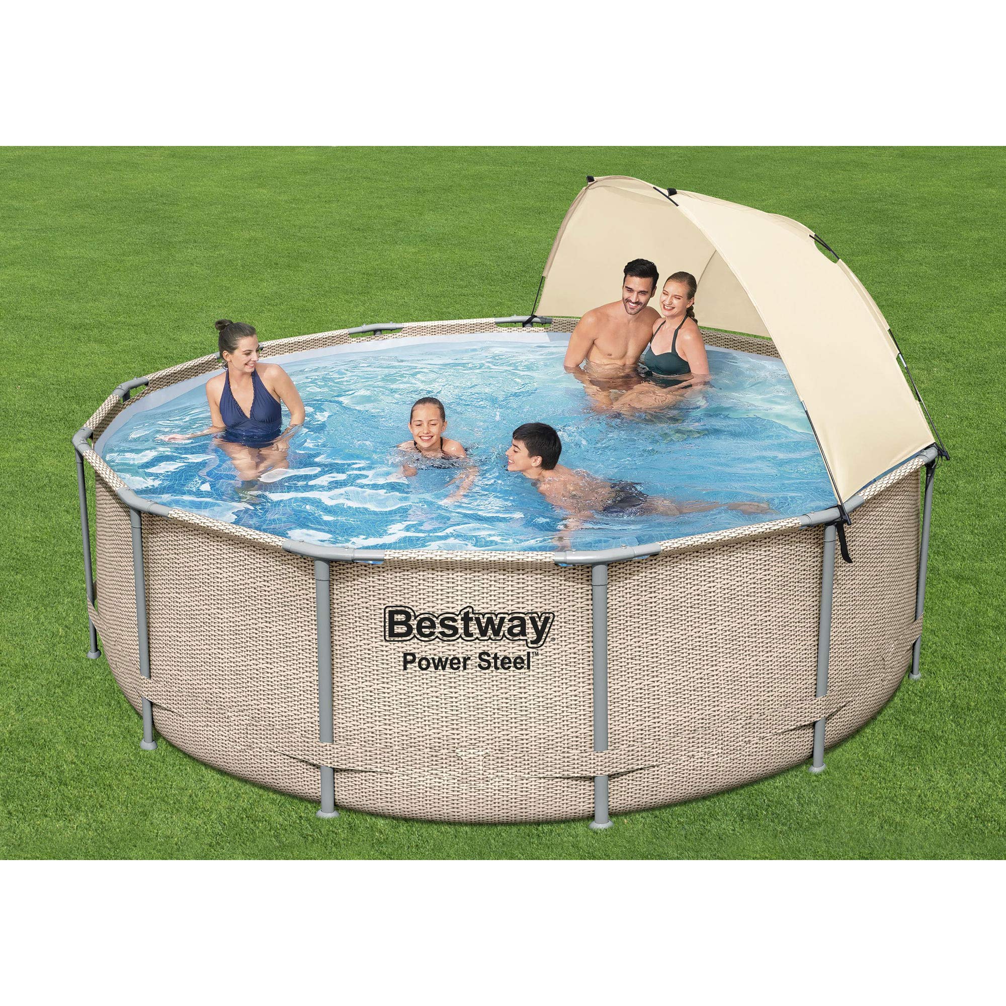 Bestway Power Steel 13' x 42" Round Above Ground Outdoor Swimming Pool Set with Shaded Canopy, 530 Gallon Filter Pump, Ladder, and Pool Cover