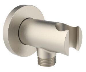 aquaiaw wall supply elbow with o-ring flange, tapered 1/2 npt female inlet, solid brass wall union w/handshower holder, round wall supply elbow w/hand shower bracket, pvd brushed nickel, g1/2 outlet