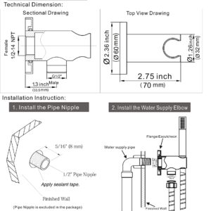 Aquaiaw Wall Supply Elbow with O-Ring Flange, Tapered 1/2 NPT Female Inlet, Solid Brass Wall Union W/Handshower Holder, Round Wall Supply Elbow W/Hand Shower bracket, PVD Brushed Nickel, G1/2 Outlet