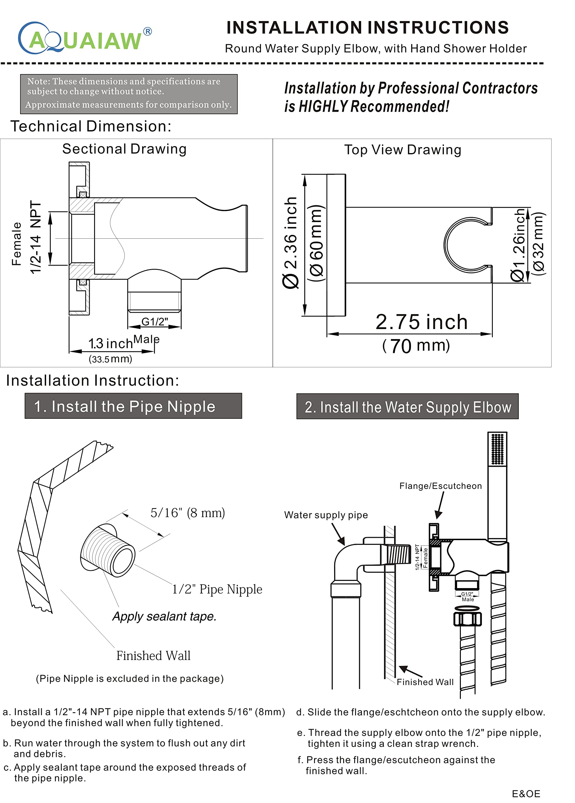 Aquaiaw Wall Supply Elbow with O-Ring Flange, Tapered 1/2 NPT Female Inlet, Solid Brass Wall Union W/Handshower Holder, Round Wall Supply Elbow W/Hand Shower bracket, PVD Brushed Nickel, G1/2 Outlet