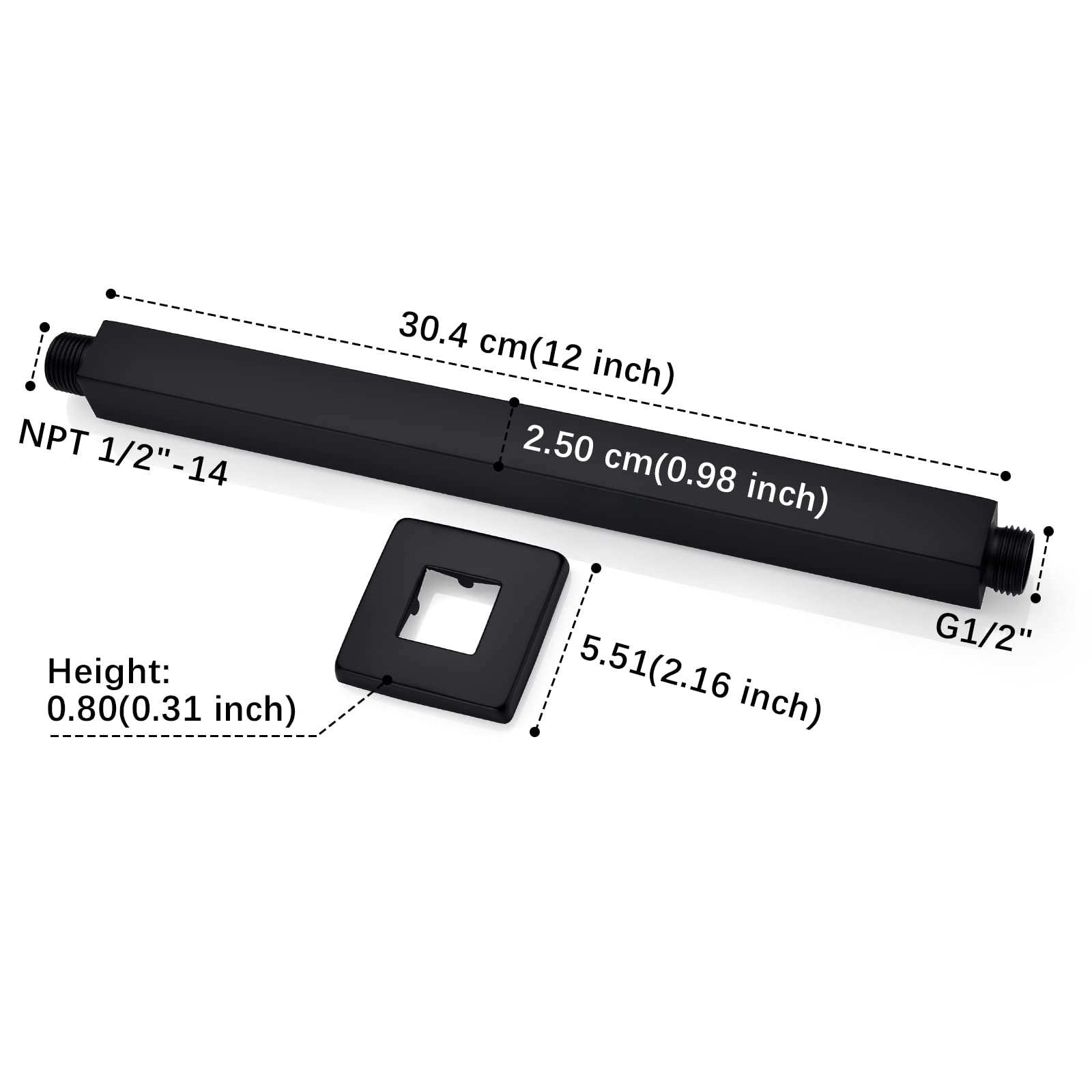 Anpean 12 Inch Square Ceiling Mounted Shower Arm and Flange, Matte Black