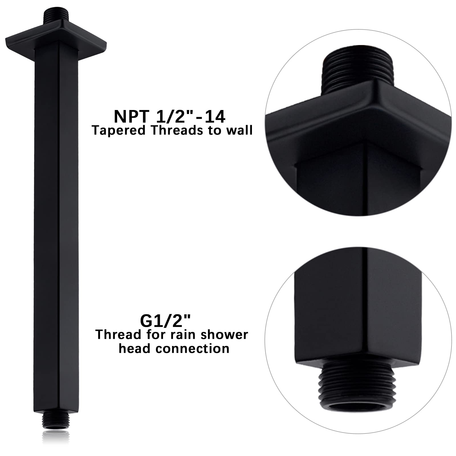 Anpean 12 Inch Square Ceiling Mounted Shower Arm and Flange, Matte Black